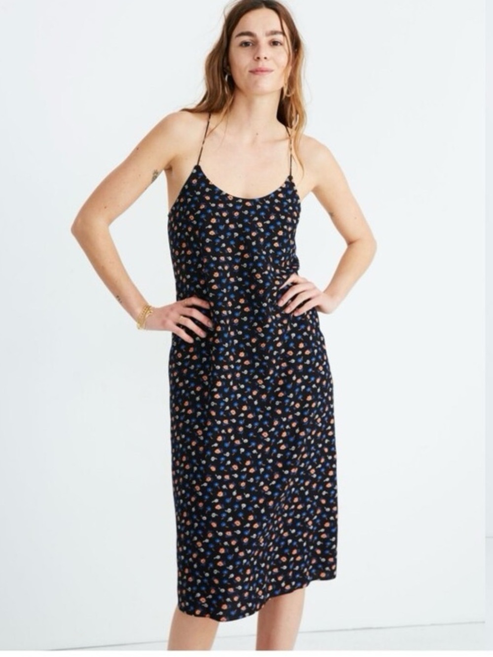 MADEWELL | Black Floral Prairie Posies Print Tie-Back Slip Dress